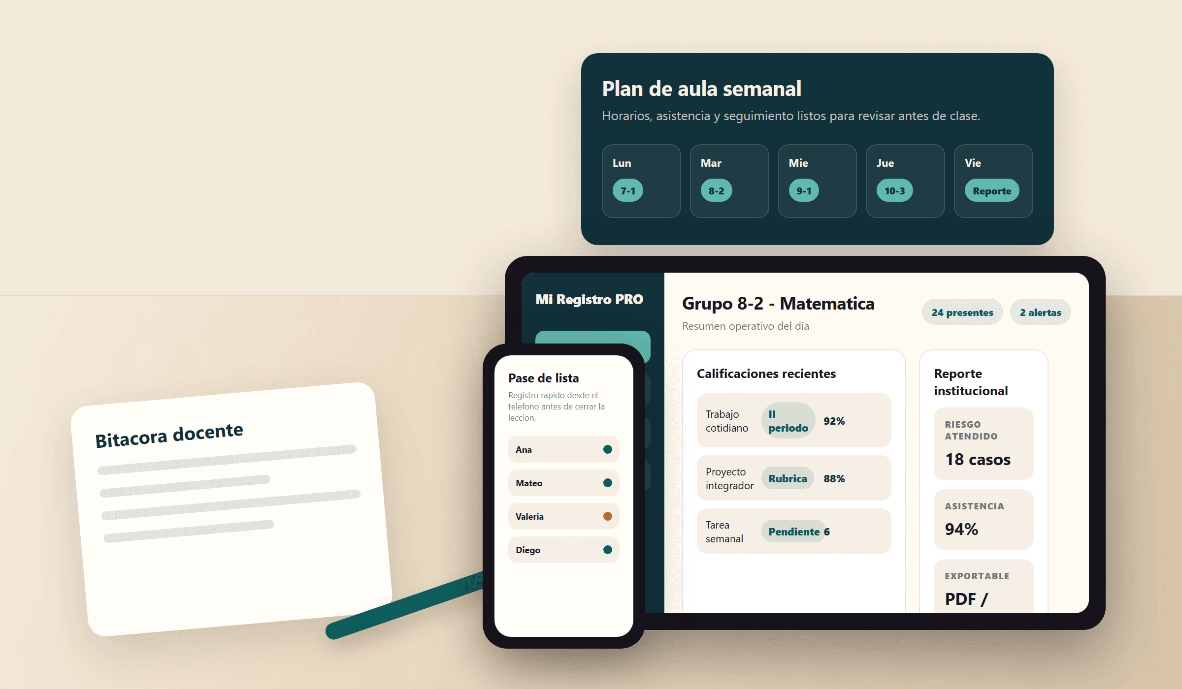 Escena de aula con tablero, pase de lista movil, horario y reporte de Mi Registro PRO